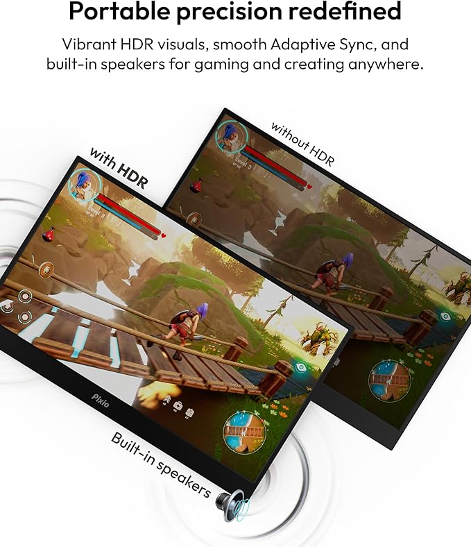 Pixio PX160 Wave Portable Monitor 15.6 inch 60Hz FHD 1080p IPS Panel HDR Screen Cover Stand USB-C HDMI Laptop Screen Extender Portable Monitor for Laptop, PC, Console, Phone