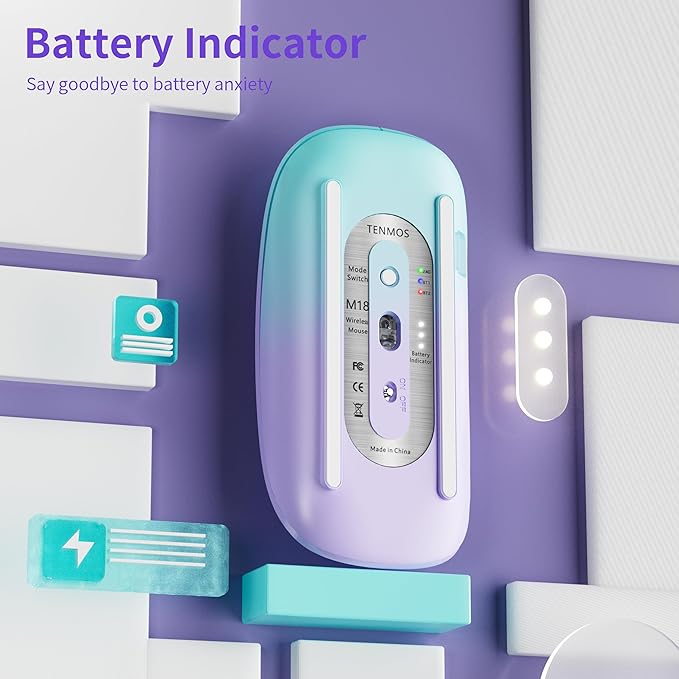 TENMOS M18 Bluetooth Mouse, USB C Rechargeable Wireless Mouse, Triple Mode (Dual Bluetooth+USB) Silent Mice Portable with USB Receiver and Type C Adapter for Laptop/MacBook/iPad - Green and Purple