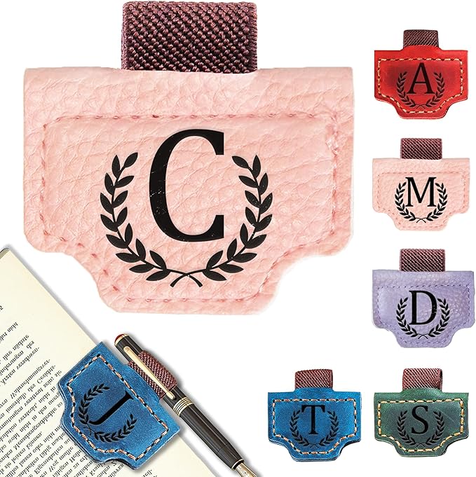 Personalized Bygone Mark Bookmark with Pen Holder, Leather Magnetic Bookmark 26 Letters Name Initial Bookmarks for Readers, Book Lover Gifts for Women Men Notebook Accessories (Pink, C)
