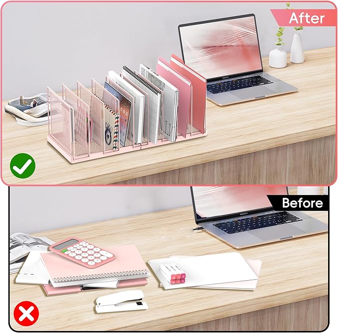 9-Section Desk File Organizer, Vertical File Holder, Mesh Desktop File Folder Metal File Organizer Stand for Office Home Classroom, Pink