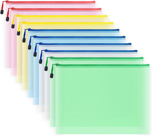 AUSTARK 10 Pcs Zipper File Bags, Waterproof Plastic Mesh Pouch for Office School, Board Game Storage Bags (B4 Size 15''x11'', Multicolored)