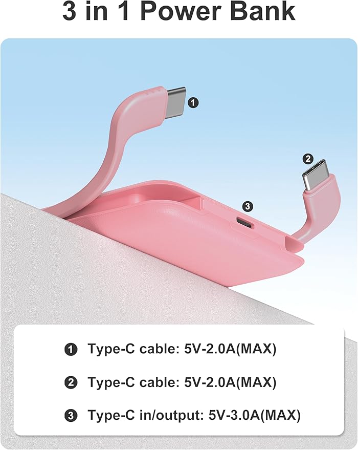 miisso 10000mAh Slim Portable Charger with Built in Cable, Power Bank Travel Charger External Battery Pack for Phone, 3 Output USB Type C Cord Clutch Charger Compatible with iPhone, Pink