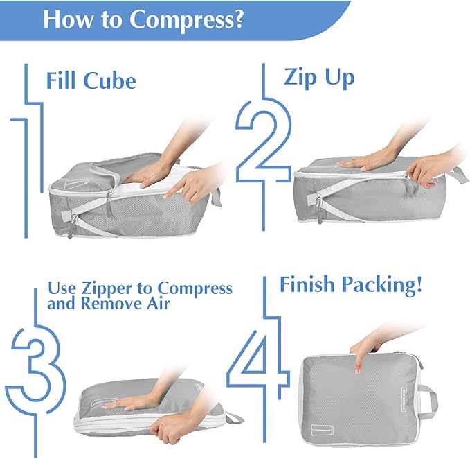 8 Set Expandable Compression Packing Cubes for Suitcases Travel Essentials Carry On Waterproof Storage Bag With Dry And Wet Separation Grey