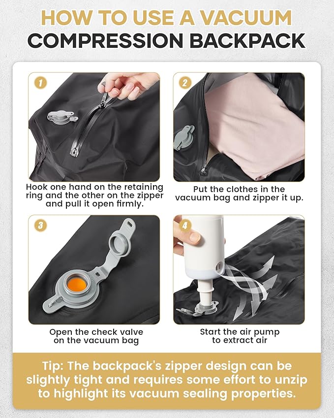 Vacuum Travel Backpack with Pump for Women,Personal Item Carry on Backpacks Flight Approved 18x14x8 inches for Men,Laptop Waterproof Work Compression bags Casual Daypack. Beige