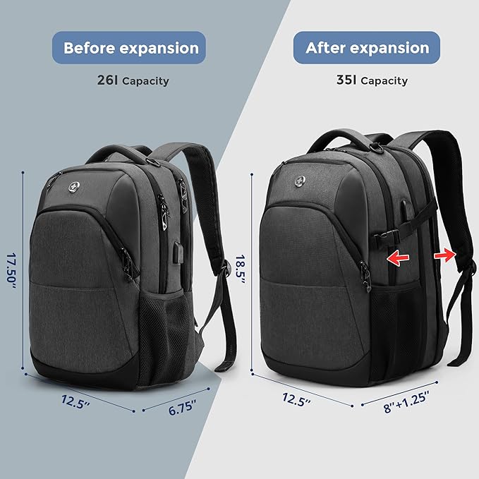 Swissdigital Design Travel Laptop Backpack for Men and Women, 35L Expandable Large College Backpack with USB Charging Port for Fits 17 Inch Notebook, Grey | ANDWIL PRO