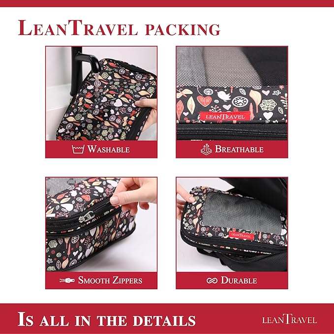 LeanTravel Compression Packing Cubes for Travel Organizers with Double Zipper (6-Pack (2L+2M+2S), Flowers & Leaves)