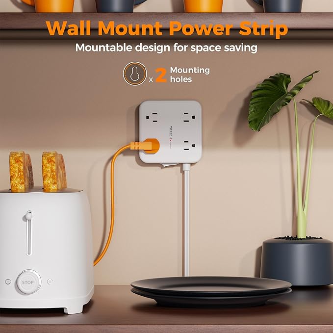 Surge Protector Power Strip, TESSAN 15 FT White Extension Cord Flat Plug with 8 AC Outlets 3 USB Ports (1 USB C), 900J Surge Protection, 3 Sided Wall Mountable Outlet Extender for Office Dorm Room