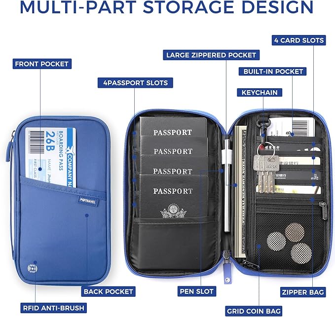 Travel Passport Holder, Large Family Passport Walle for Men Women RFID Passport Cover Lightweight Portable Document Organizer with Wrist Strap (Blue)