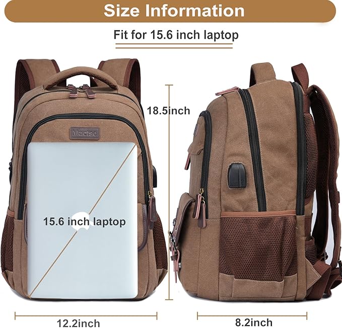 Mactso Canvas Travel Laptop Backpack for Men Women, Business Work Rucksack College School Computer Bag Fits 15.6 Inch Notebook,Bookbag with USB Charging Port (Coffee, 15.6 Inch)