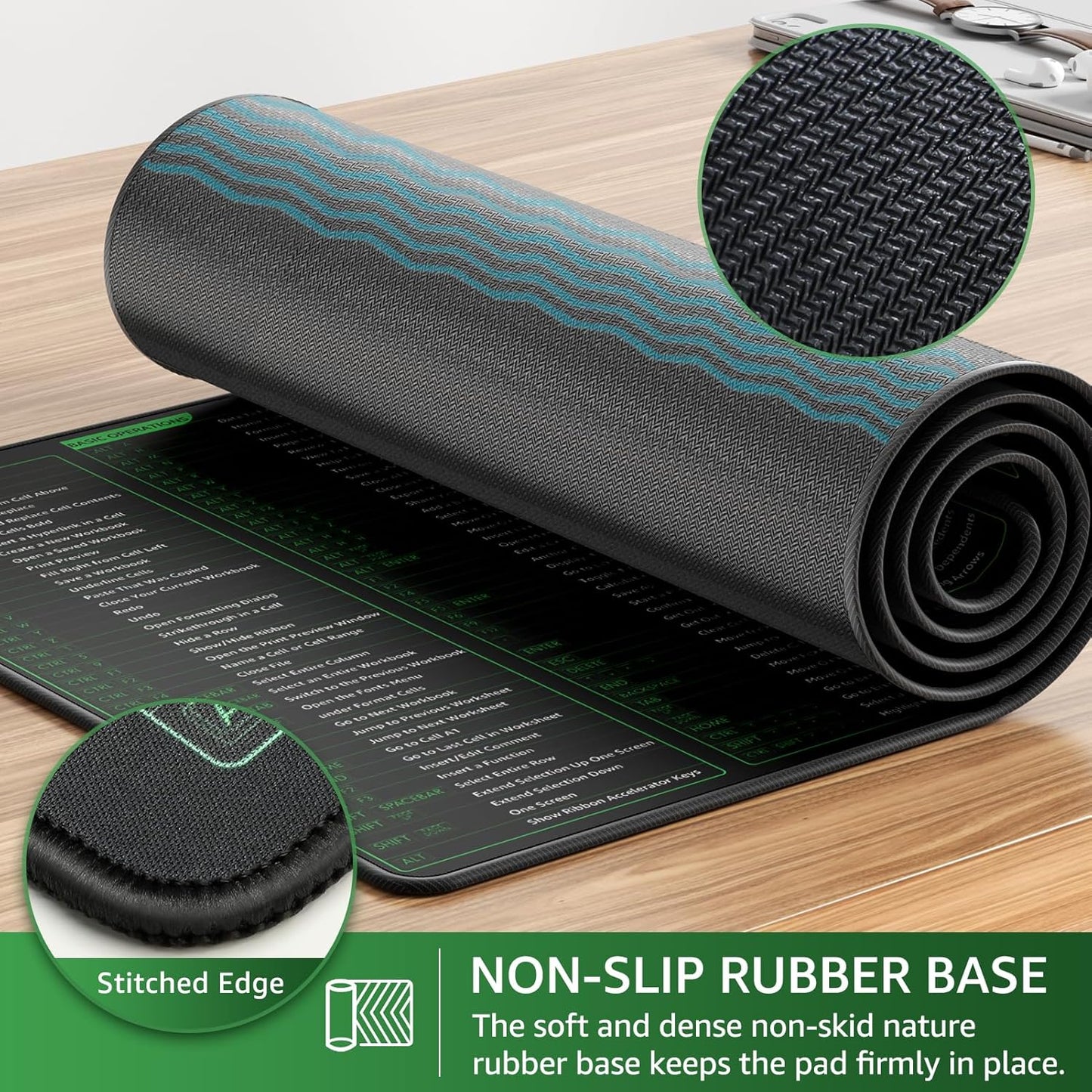 KTRIO Excel Shortcuts Mousepad with Superior Micro-Weave Cloth, Extended Mousepad with Stitched Edges, Non-Slip Base, Water Resist Keyboard Pad for Gamer, Office & Home, Excel Shortcuts