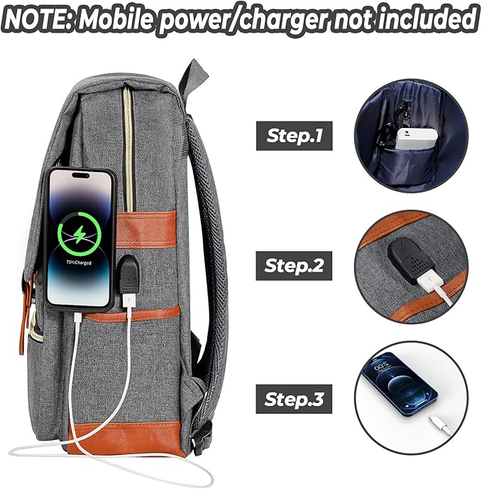Ronyes Vintage Laptop Backpack for Women Men,15.6 inch Bookbag Casual Daypack with USB Charging Port for College Work, Grey Backpacks