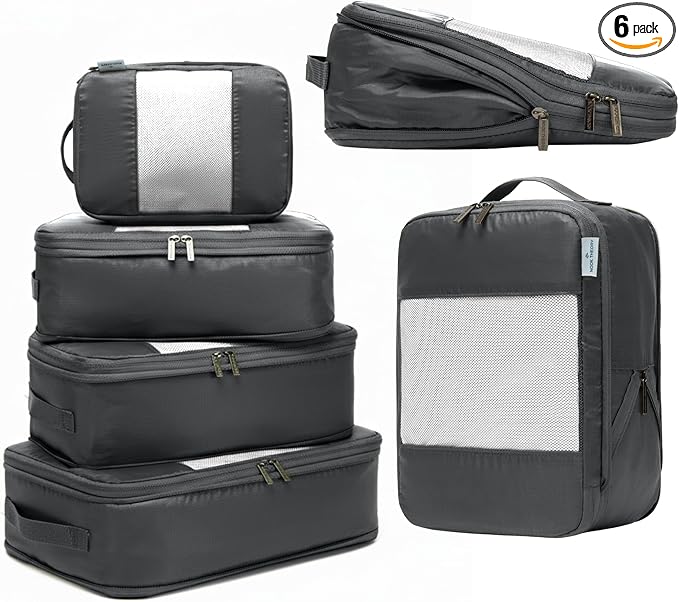 6-Pack Compression Packing Cubes Travel Essentials - Lightweight, Water-Resistant Luggage Organizer Bags with Handles, Durable Travel Accessories Suitcase Organizer (Charcoal)