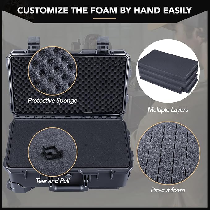 Lykus HC-5120 Waterproof Hard Case with Wheels and Customizable Foam, Interior Size 20.3x11.3x7.3 inch, Suitable for camera, lens, drone, mic, flashlight, projector, electronics, tools, and more