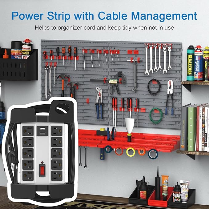CCCEI Heavy Duty Power Strip with USB Ports, Garage 10 Outlets Surge Protector 2700 Joules, Industrial Workshop Metal 15Amp Multiple Outlets, 10 FT Extension Cord and Wide Spaced Grey.