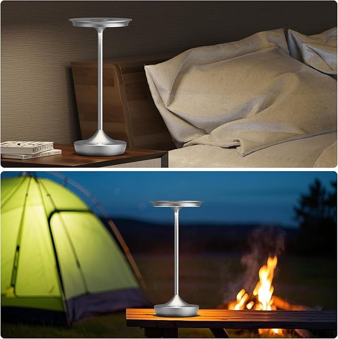 LED Cordless Table Lamp Rechargeable - Outdoor 6000mAh Battery Operated Portable Table Lights 3 Color Stepless Dimming Table Lamps with Memory Function for Patio Restaurant Dining Silver