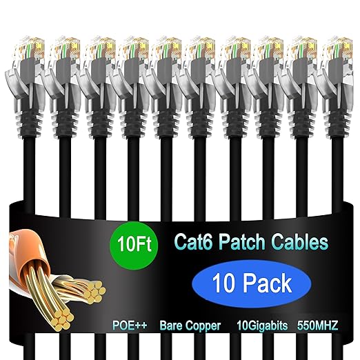 Cat6 Ethernet Cable 10 ft (10 Pack) - Network Patch Cable for Data Centers, Home and Enterprise Networks, 10G Compatible - Black