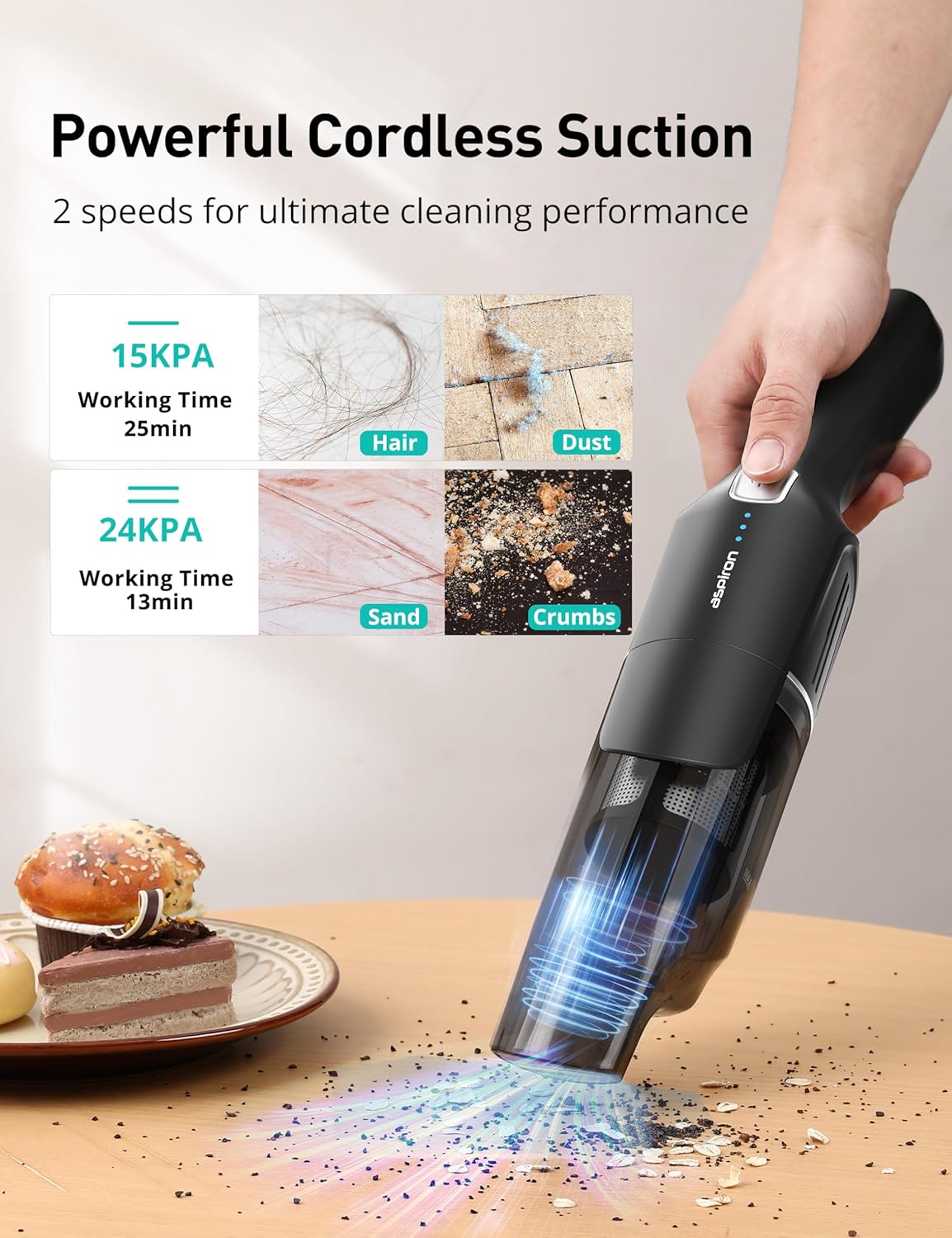 Aspiron Cordless Handheld Vacuum, 24KPA Powerful Car Vacuum, Rechargeable, Charging Dock, Ergonomic Handle, 2-in-1 Crevice Tool, 1.8lb Portable Vacuum Cleaner with 2-Speed for Car, Home, Black Grey