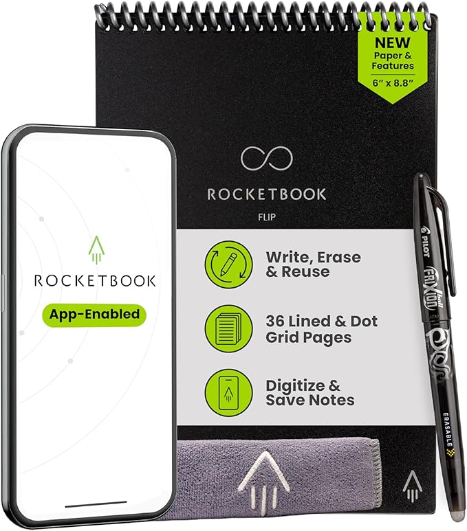 Rocketbook Flip Reusable Smart Notepad, Top Bound Spiral Notebook Lined and Dotted Pages Executive Size 6x8.8, Premium, Black (Pack of 1)