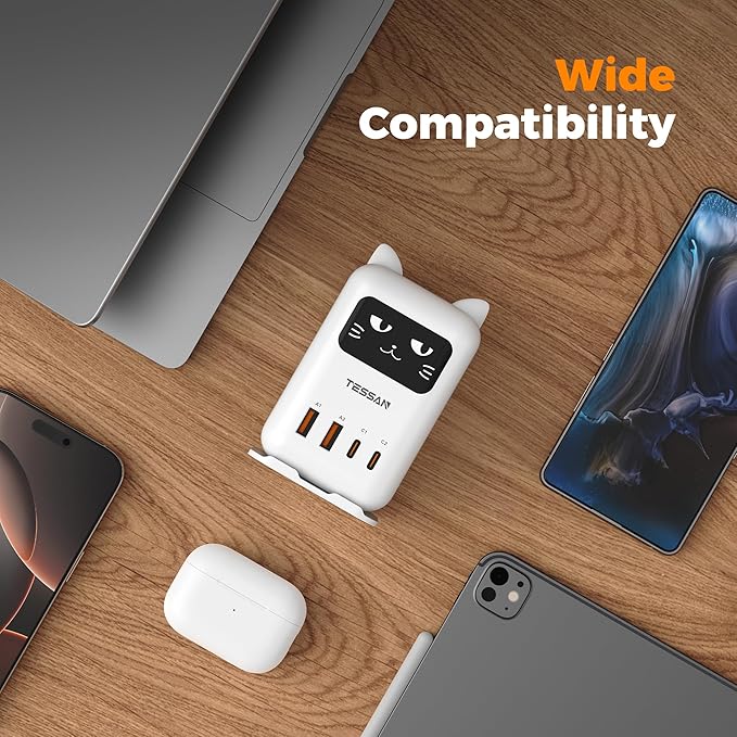 USB C Charger Blcok PD 65W, TESSAN Charging Station for Multiple Devices, Desktop Tower Charger with 4 USB Ports for iPhone 16/15, MacBook, Tablet, Office Home Dormroom