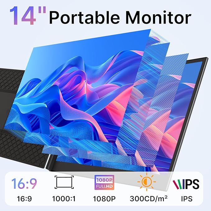 Laptop Screen Extender - Ultra-Thin 1.3lbs 14" FHD IPS Dual Portable Monitor Extension for Laptop, Attachment Plug & Play for 13-17" Laptops, Second Extra Travel Display for Windows/Mac/Android