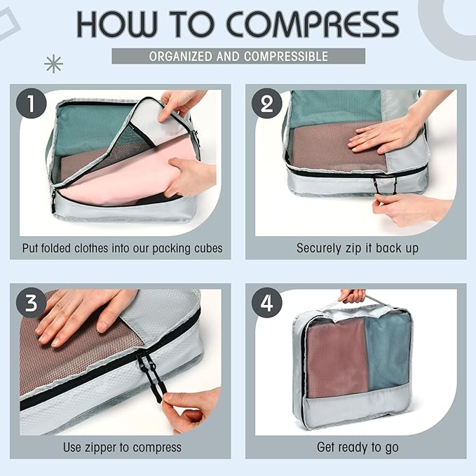 5 Pcs Packing Cubes for Suitcase Large Travel Cubes Carry on Luggage Organizer Bags for Clothes Accessories(Mixed,Gray)