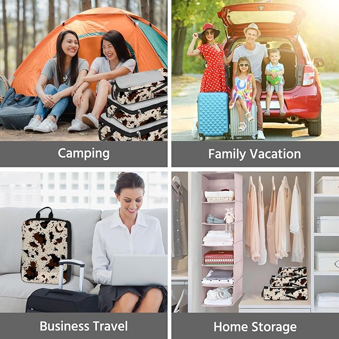 7 Pcs Compression Packing Cubes for Travel, Waterproof Suitcase Luggage Backpack Organizer with Toiletry Bag Travel Essentials for Women/Men-Cow Print