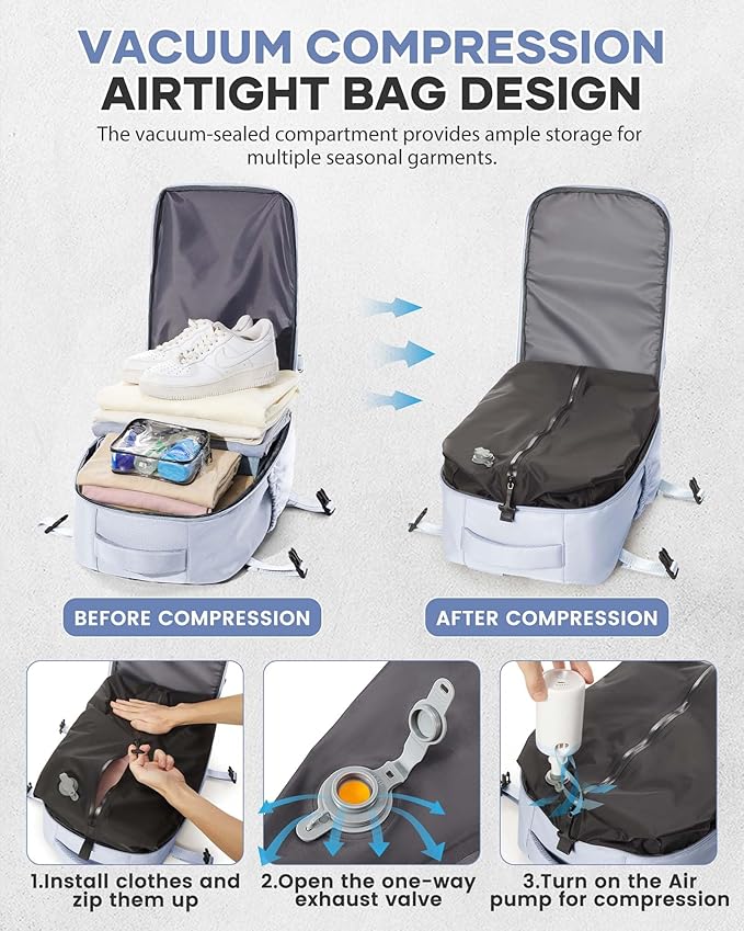 Vacuum Travel Backpack with Pump for Women, Personal Item Carry on Vacpack Backpacks Flight Approved 18x14x8 inches for Men,Laptop Waterproof Work Compression bags Casual Daypack,Grey