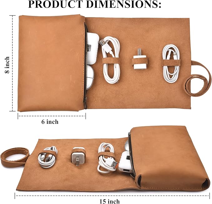 Leather Tech Pouch for Cables Chargers Phone | Tech Bag | Zipper Travel Accessory Pouch | Electronic Organizer Case Travel Bag (Tan)