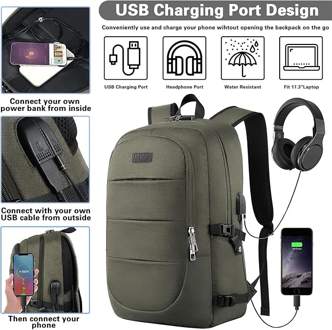 AMBOR Anti Theft Backpack, 15.6-17.3 inch Business Laptop Carry on Backpack with USB Charging Port and Headphone Interface, Travel Backpack for Men & Women