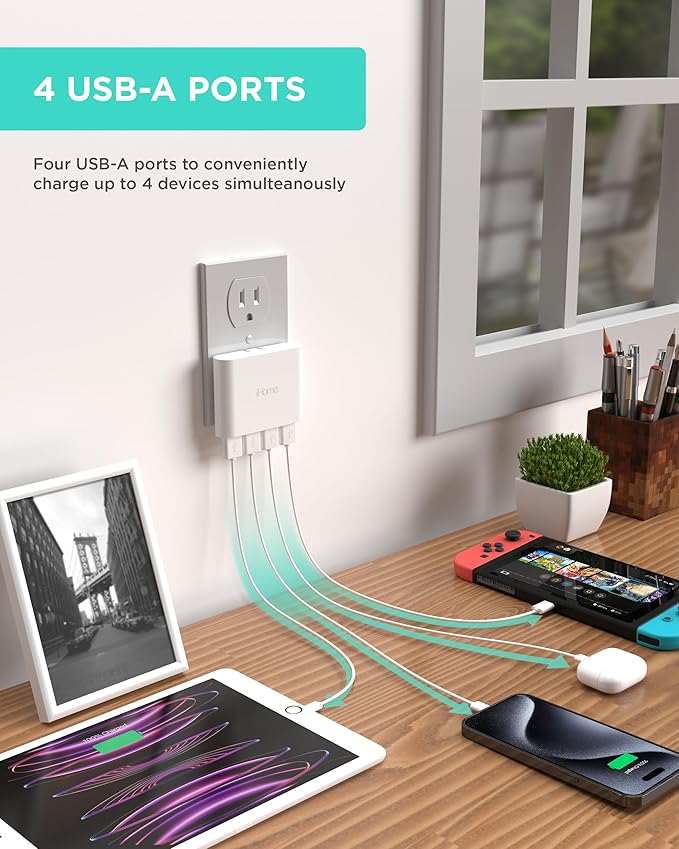 iHome Slim 4-Port USB Wall Charger, AC Pro Multiport Plug Adapter, Phone Charging Block with 4 Ports, Flat USB Wall Adapter for Home & Travel