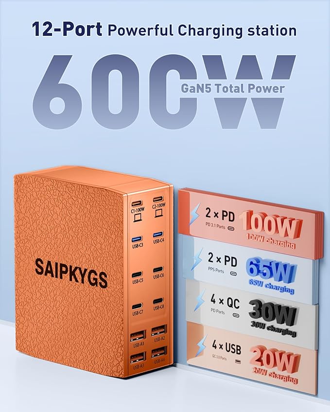 USB Charging Station (600W),12-Port USB C Charger Block with Dual 100W PD USB-C Fast Charging Station Hub for MacBook Pro/Air/All iPad Phone 17/16 15/14/13/Pro Max/Samsung Galaxy Note(Orange)