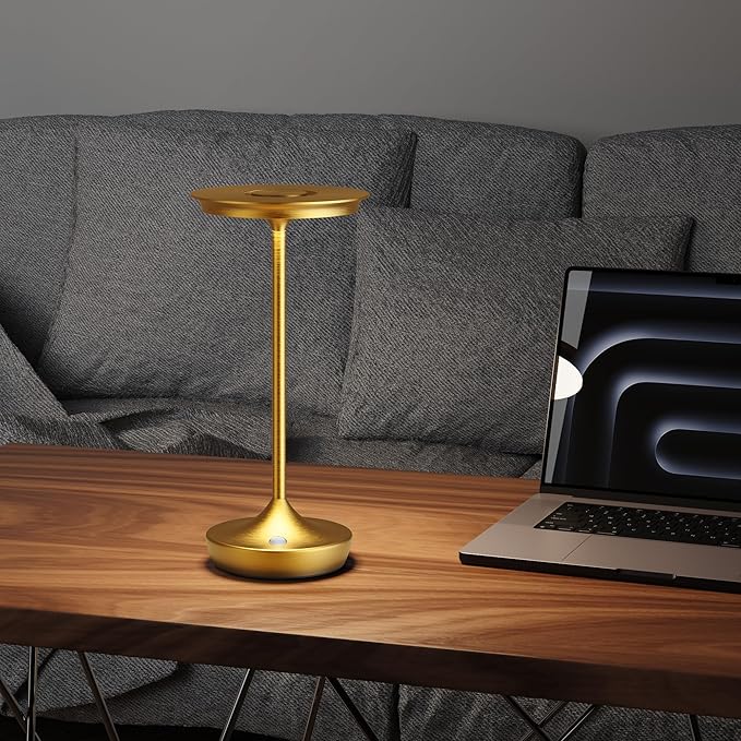 LED Rechargeable Cordless Table Lamps, Portable Outdoor Battery Operated Table Light 3 Color Stepless Dimming Table Lamp with Memory Function for Patio Restaurant Dining Room Gold