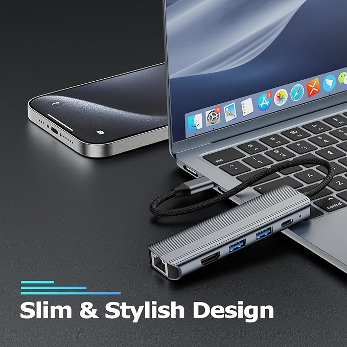 USB C Hub Ethernet HDMI Multiport Adapter for MacBook Pro/Air, iPad, Laptop Dock with 5Gbps USB A/C, 1Gbps RJ45 Gigabit Ethernet, 4K 30Hz HDMI, 100W Pass Through Charging