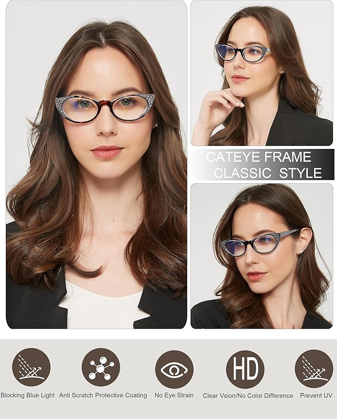 EYEURL Cat Eye Reading Glasses for Women Blue Light Blocking 3 Pack Computer Readers 2.75 with Spring Hinge Eyeglasses Anti Glare UV Rays
