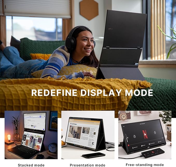 New Mobile Pixels Duex Float 2.0 Portable Stacked Monitor, FHD IPS 15.6" Laptop Screen Extender (Built-in Kickstand), USB C/HDMI Monitor Extender with Dual Speakers, Windows, MacOS, Switch, Android