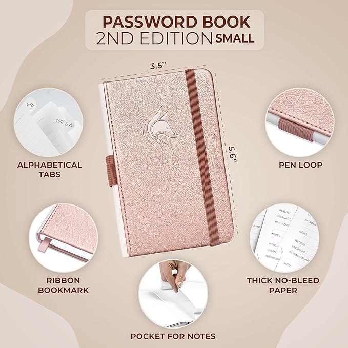 Clever Fox Password Book 2nd Edition Small – Pocket Password Keeper with Alphabetical Tabs – Internet Address Notebook & Login Details Organizer Journal – 3.5x5.6” (Rose Gold)