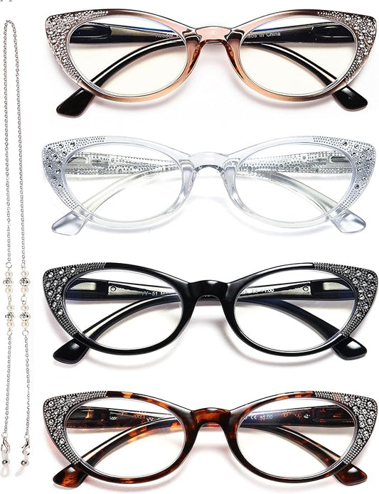 EYEURL 4-Pack Cat Eye Reading Glasses for Women Blue Light Glasses Fashion Computer Readers with Spring Hinge Anti-Glare Readers for Women 3.5