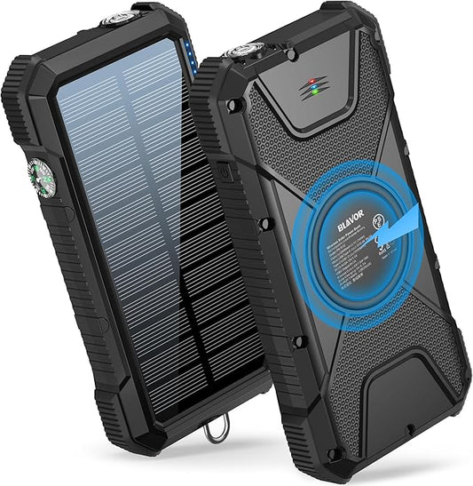BLAVOR Solar Power Bank, PD18W QC3.0 Fast Charging 10W Wireless Charger 20000mAh Solar Powered Powerbank with Type C Input/Output, IPX5 Waterproof, Camping Flashlight, Compass, Carabiner