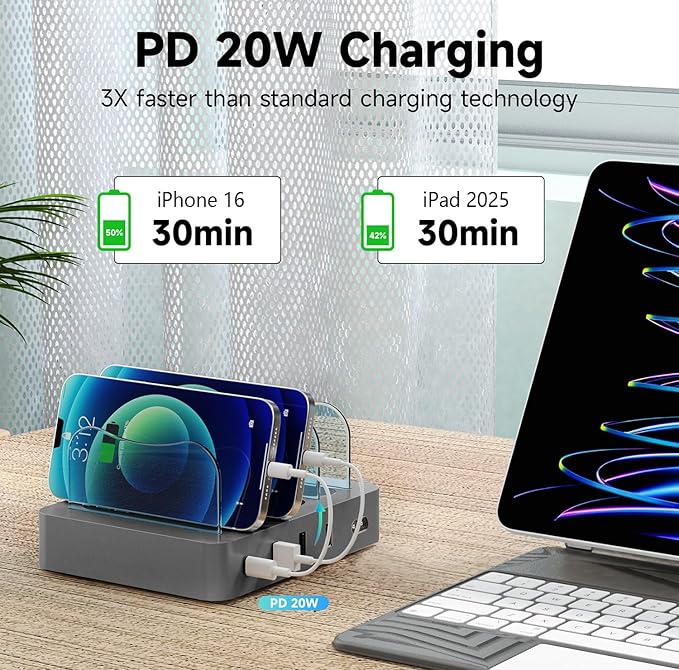Charging Station for Multiple Devices - 4-Port 20W PD USB-C Charger for iPhone iPad Smartphones Tablets,Universal Compatibility, Detachable Baffle Design