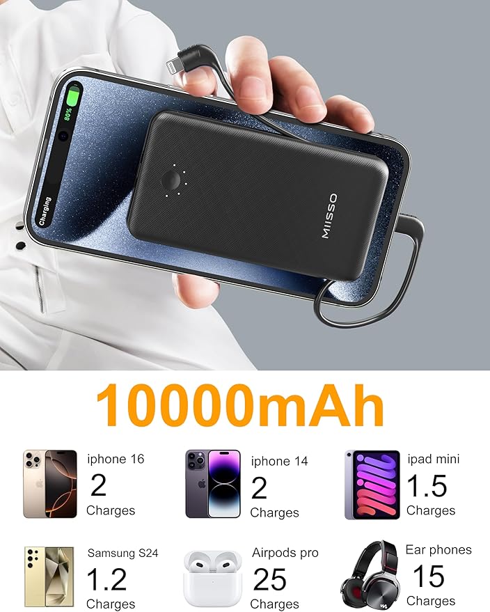 miisso Ultra Slim 10000mAh Power Bank Built-in Cables and Foldable AC Wall Plug, Pocket Size USB C Portable Charger, External Battery Pack Compatible with iPhone Samsung iPad etc, Black