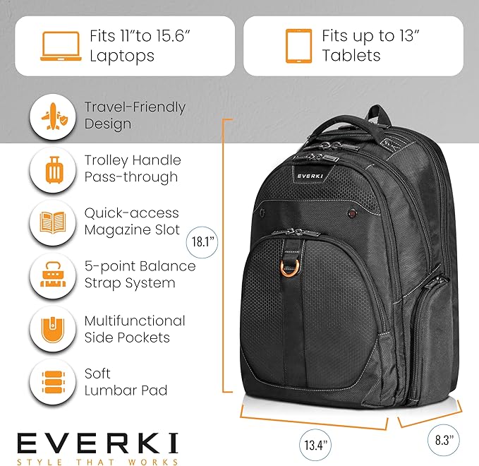 EVERKI Atlas 29.5L Business Laptop Backpack – Travel Backpack for Women & Men, Work/Travel Bag, Laptop Bag Fits 15.6-Inch, Backpack for Women, Men’s Laptop Bags – Black (EKP121S15)