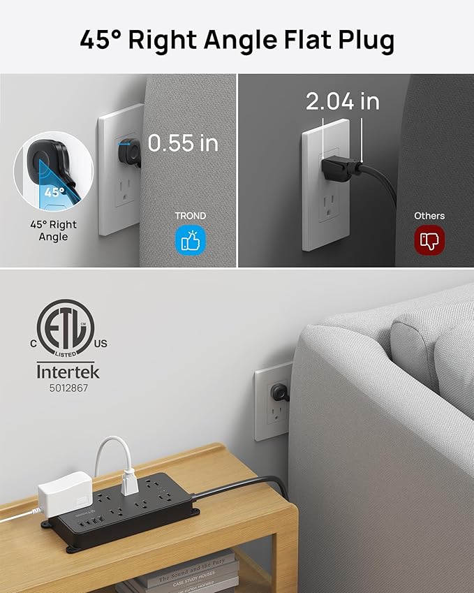 TROND Power Strip Surge Protector, 7 Widely-Spaced Outlets, 2 USB-A & 2 USB-C, ETL Listed, Flat Plug 5ft Extension Cord, Wall Mountable, 1700J, 14AWG Heavy Duty, for Home Office Garage, Black