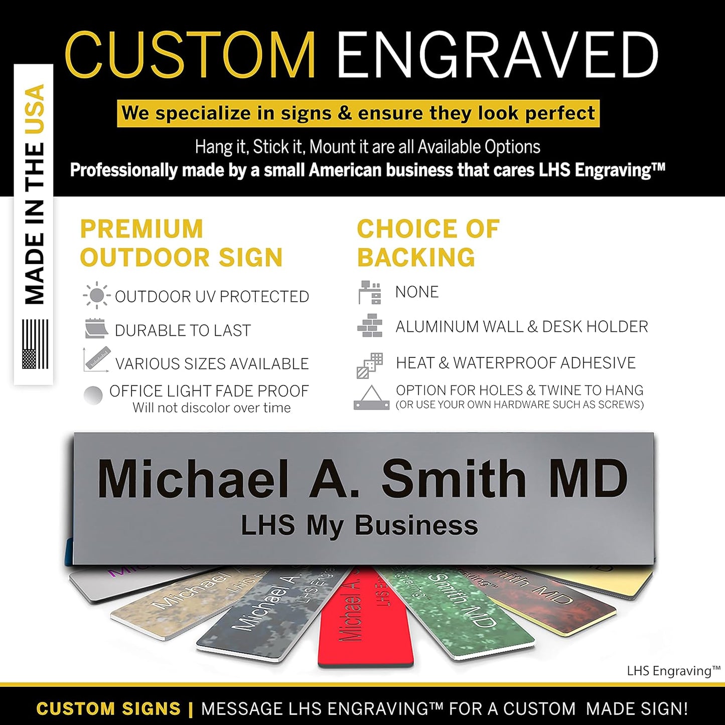 Door Name Plate Personalized for Office Gray Plastic Name Plate Black Letters - Made in USA 2x6 B8