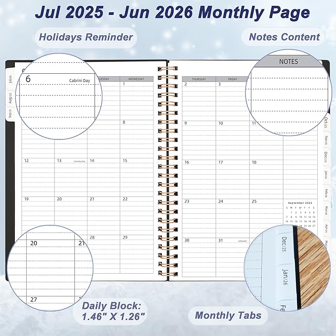 Daily Planner 2025-2026, Jul.2025-Jun.2026, 6.2" x 8.4", 2025 Planner Weekly and Monthly, Calendar Planner 2025 with Tabs & Pocket, 100GSM Thick Paper, Black