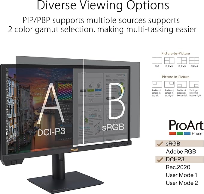 ASUS ProArt Display 24” 4K 12G-SDI HLG Professional Monitor (PA24US) - IPS, UHD (3840 x 2160), 99% Adobe RGB, 95% DCI-P3, ΔE < 1, USB-C, Built-in Motorized Colorimeter, Calman Ready, 3 Year Warranty