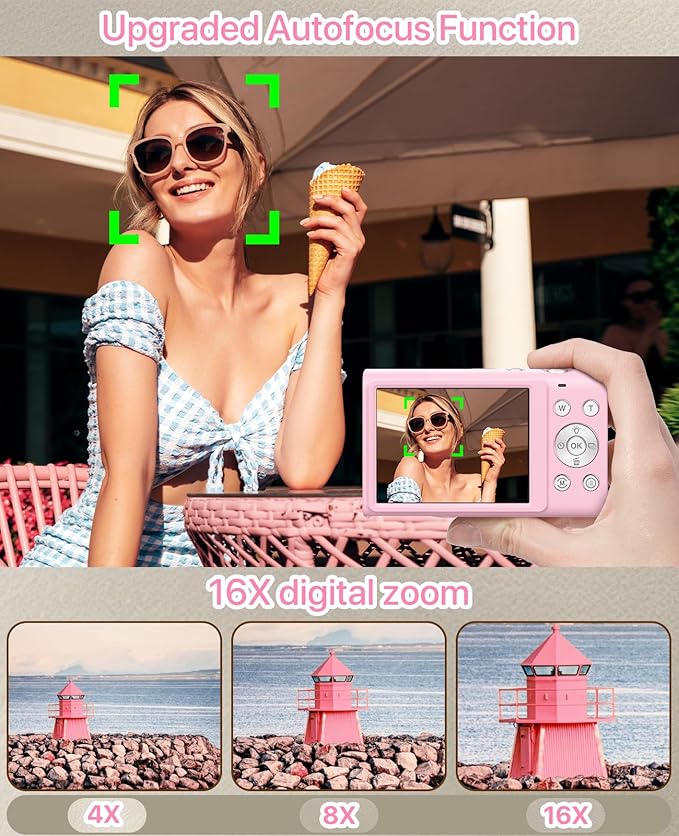 Digital Camera, 4K Vlogging Camera for YouTube Autofocus Cameras for Photography with 16X Digital Zoom, 48MP Compact Point and Shoot Digital Camera for Teens Adult with 32GB SD Card, 2 Batteries-Pink