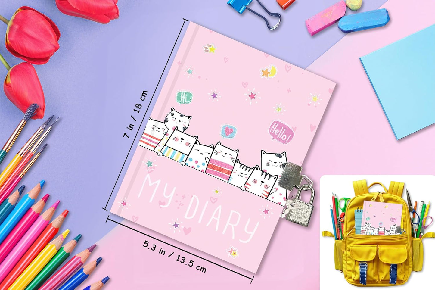 Cat Diary with Lock for Girls, 7x5.25 Inches 160 Lined Pages Secret Kids Diary Cute Cats Journal with Lock and Keys Notebook for Girls Birhtday Gifts for 5-10 Years Old