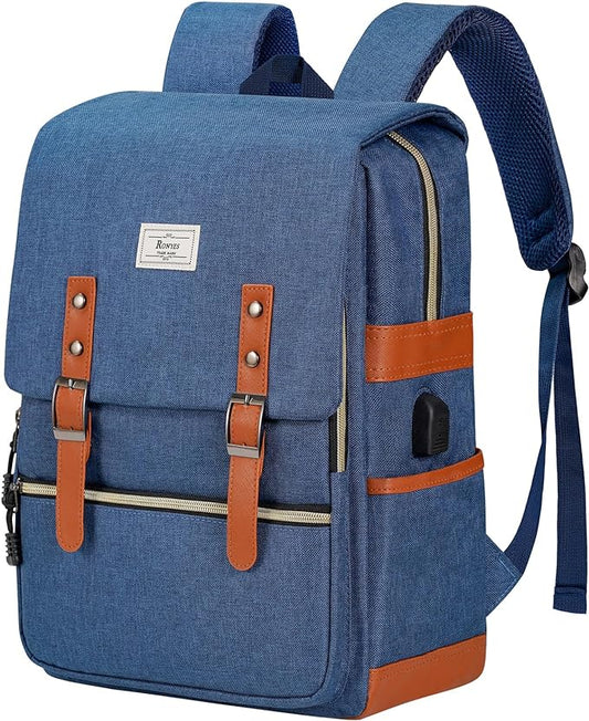 Ronyes Vintage Laptop Backpack for Women Men,15.6 inch Bookbag Casual Daypack with USB Charging Port for College Work, Blue Backpacks