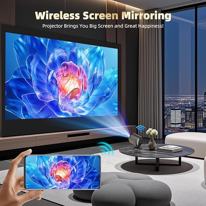 KSAN Projector with Stand, [Electric Focus] 1080P WiFi Projector with Bluetooth, Portable Movie Projector for Indoor Outdoor Use, HDMI/USB/Type C/3.5mm AV for IOS/Android/Windows/TV Stick/PS5