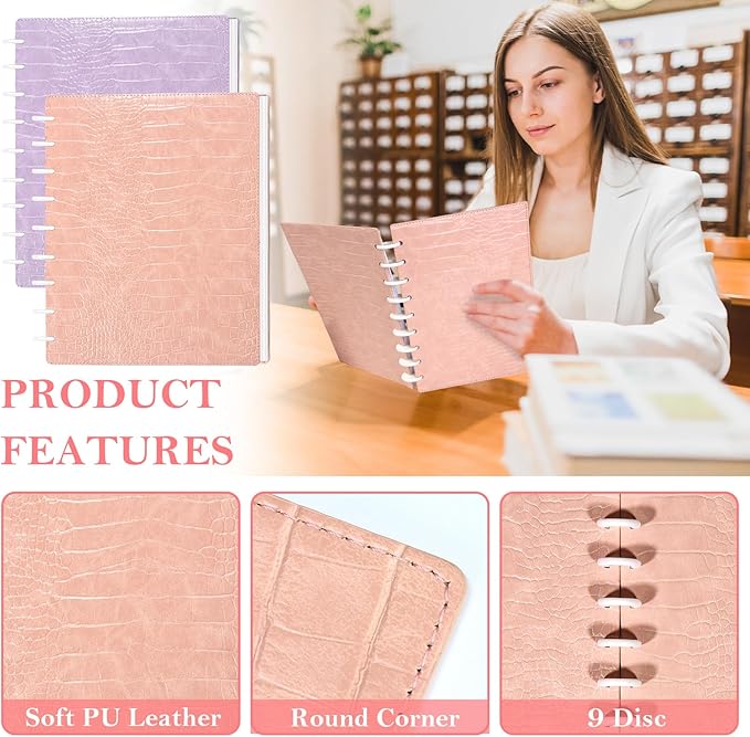 2 Pack Pu Leather 7X9.25 In Discbound Notebook Cover And Disc Set Discbound Planner Cover With 18 Pcs Expansion Discs 9-Disc Disc Bound Notebook Accessories(Pink+Purple;No Inner Paper)